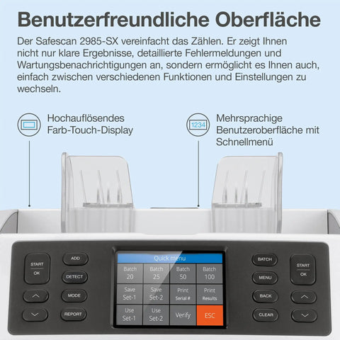 Heavy Hitter Multi Currency Money Counter Machine That Value Counts And Sorts Mixed Banknotes With 7 Point Security Counterfeit Money Detector Ripping Through 1200 Bills Per Minute interface showing touchscreen controls and settings.