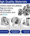 Close-up of zinc plated carbon steel 3/8 T nuts highlighting clean threads, smooth finish, and excellent quality for furniture assembly.