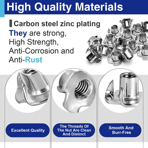 Close-up of zinc plated carbon steel 3/8 T nuts highlighting clean threads, smooth finish, and excellent quality for furniture assembly.