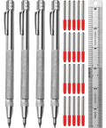 Next Level High Precision Tungsten Carbide Scriber With Knurled Aluminum Handle And Magnet 4 Pack Plus Bonus Marking Tips And 6 Inch Steel Ruler
