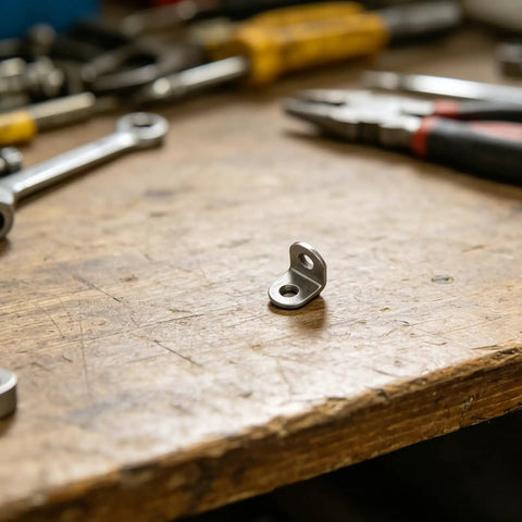 Beefed Up Heavy Duty Stainless Steel 40 Pack Right Angle Brackets on a wooden workbench with tools in the background.