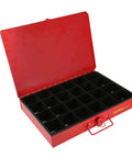 Open black and red Heavy Duty Four Drawer Hardware Organizer With 2500 Piece Small Parts Kit Steel Cabinet With Removable Inside Trays.