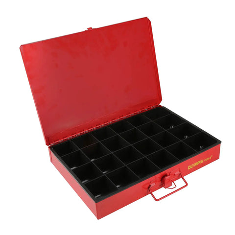Open black and red Heavy Duty Four Drawer Hardware Organizer With 2500 Piece Small Parts Kit Steel Cabinet With Removable Inside Trays.