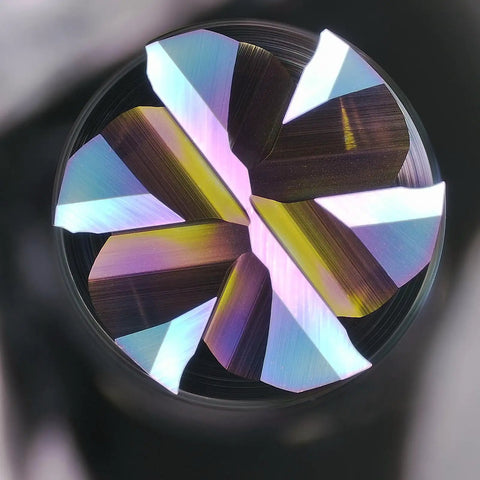 Close-up of Must-Have Carbide End Mills Six Flute Square Milling Cutter With DLC Coating for aluminum and copper finishing.