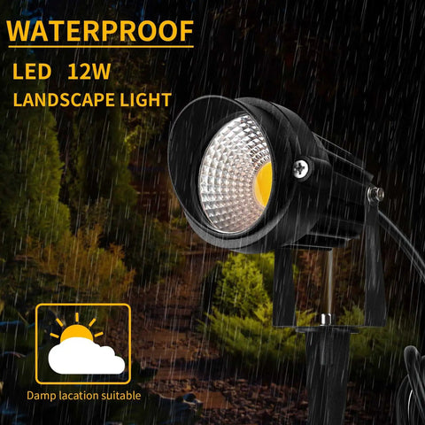 Warm White Outdoor Landscape Spotlight 12W 3000K IP65 Waterproof Garden Lighting in rain with cast aluminum housing.