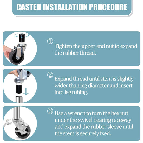 Installation guide for Four Inch Prep Table Casters Set Of Four Heavy Duty Expanding Stem Wheel Casters with brakes.