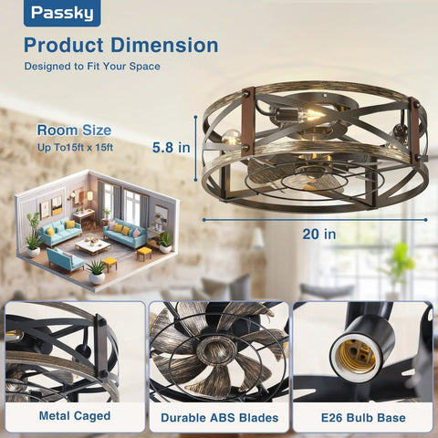 20 Inch Farmhouse Flush Mount Ceiling Fan With Lights And Remote, Industrial Black Cage Fandelier, Low Profile Design With E26 Bulb Base, 6 Speeds With Timer