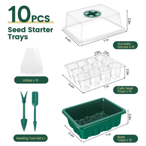 3rd Gen Seed Starter Tray Set With 120 Cells In 10 Packs And A Thick Reusable Seed Tray With Adjustable Humidity Dome diagram