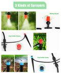 DIY Drip Irrigation Kit showing 3 kinds of sprayers: misting nozzle, drip emitter stream, and drip emitter vortex.