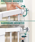 Installation options for extra wide baby gate for stairs and doorways, auto close, walk through, pressure or hardware mounted.