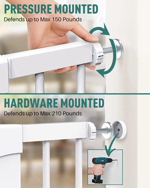 Installation options for extra wide baby gate for stairs and doorways, auto close, walk through, pressure or hardware mounted.