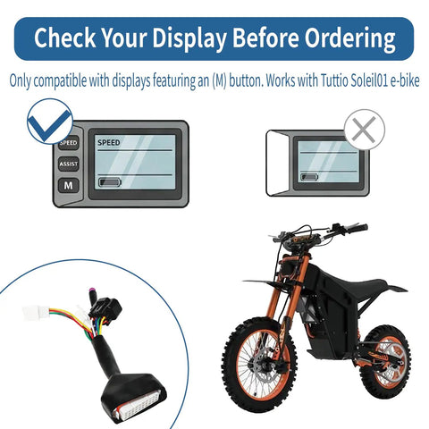 Plug And Play Ebike Controller Main Harness For Tuttio Soleil01 With M Button Display guide with compatible speedometer illustration.