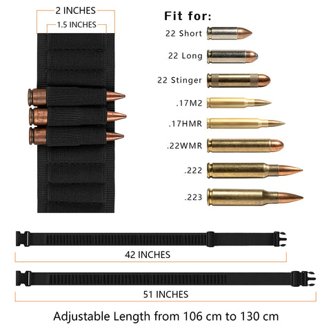 Adjustable 50 Round Rifle Shell Holder Sling For Rifles - Durable nylon displaying ammo compatibility and dimensions