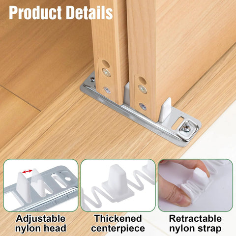 Sliding Closet Door Floor Guide For Bottom Track Systems Adjustable Steel Guides installed on wooden floor with screws.