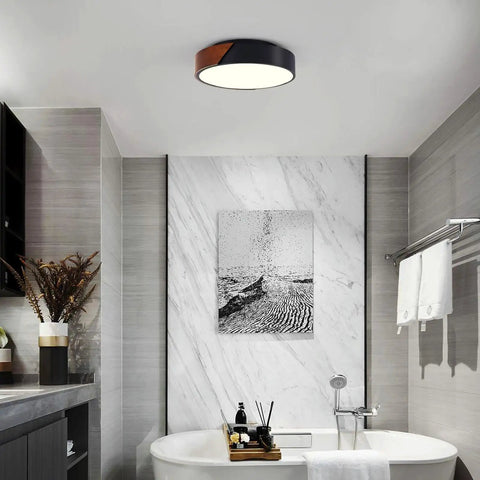 Bathroom with Sleek Modern Black Flush Mount Ceiling Light With 2 Lights, Mid Century Round Wood Accent Fixture