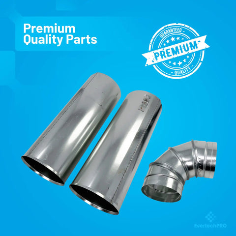 Dryer Side Vent Kit Replacement For LG And GE showing stainless steel ducts and elbow on blue background