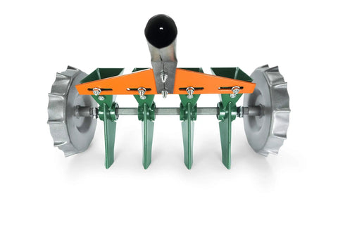 Front view of Metal Precision Manual Seeder For Vegetables And Greens Four Row Planting Tool with adjustable row spacing