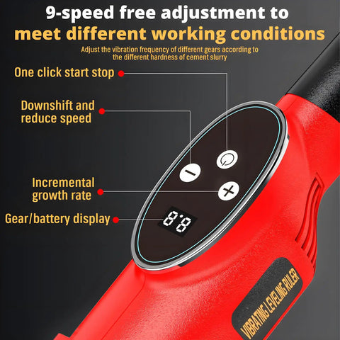 Pro Grade Cordless Concrete Screed Vibrator With 59 Inch Stainless Steel Straight Edge Board Brushless Motor 4800Mah Battery Electric Cement Finishing Kit control panel showing speed settings and display.