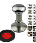58.35 Mm Espresso Coffee Tamper Kit With Stainless Steel Base And Silver Mirrored Aluminum Handle, silicone mat included.