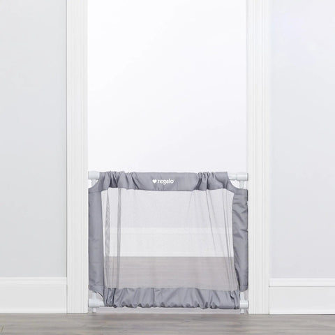 Extra Wide Mesh Baby Gate For Doorways And Hallways Expands From 27.5 To 50 Inches 28 Inches Tall Pressure Mounted For Toddlers And Pets Includes Rubber Bumpers Gray installed
