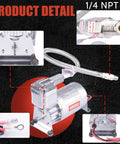 Built Tough 150 PSI Air Compressor With 1.6 Gallon Aluminum Tank 12V Onboard Kit showcasing compact design and detailed fittings.