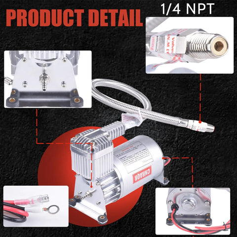 Built Tough 150 PSI Air Compressor With 1.6 Gallon Aluminum Tank 12V Onboard Kit showcasing compact design and detailed fittings.