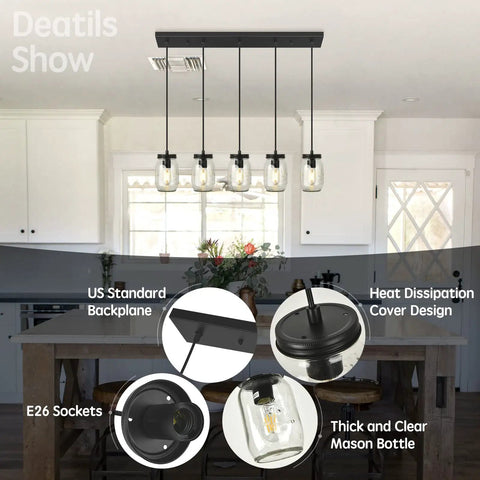 Five Light Mason Jar Pendant Lighting Fixture Black Rustic Farmhouse Chandelier For Kitchen Island with glass jar shades