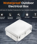 Waterproof Junction Box IP67 Outdoor Plastic Electrical Enclosure with Hinged Grey Cover in rain, showing durability