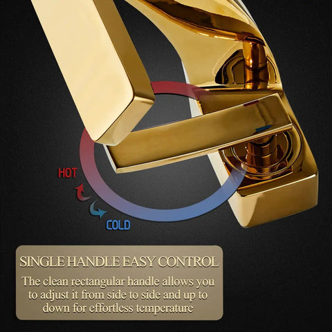 Detail of single handle mechanism on Single Hole Bathroom Sink Faucet With Single Handle Hot And Cold Water Mixer Tap For Lavatory Vanity Durable Brass Body With Chrome Finish Gold Tone Includes Two US Standard Three Eighths Inch Hoses
