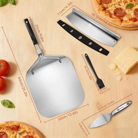 Must Have Pizza Peel Set With Cutter Rocker, Aluminum Peel, Foldable Handle, 13.7 Inch Stainless Steel Rocker Cutter, 10.8 Inch Pizza Server