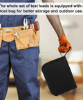 Tool bag from 28 Piece Multimeter Test Leads Kit With Replaceable Gold Plated Probes shown held by a person in work attire.