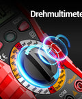 Close-up of dial on digital multimeter for home and auto electrical testing showing various settings, with protective case.