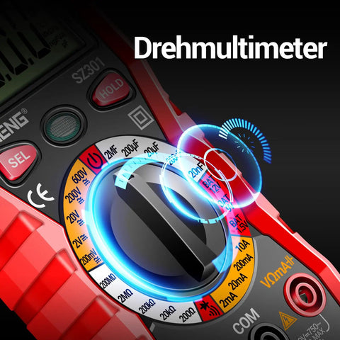Close-up of dial on digital multimeter for home and auto electrical testing showing various settings, with protective case.