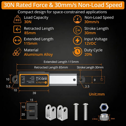 Straight Shooting 12 Volt Telescoping Linear Actuator With One Point Two Inch Stroke Delivers Six Point Seven Pound Push Thrust, aluminum alloy material.
