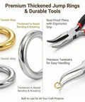 All In One Jewelry Making Kit With 1200 Pcs Small Open Jump Rings In Gold And Silver Assorted Sizes 4mm 5mm 6mm 8mm 10mm Plus Lobster Clasps Pliers Opener And Tweezers For Necklace Bracelet Charms Repair Kit showing tools and metal rings.