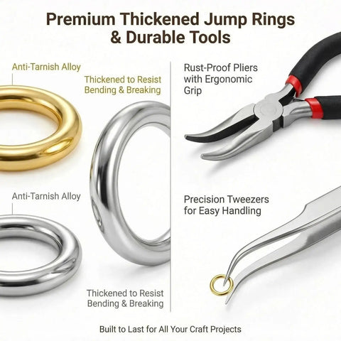 All In One Jewelry Making Kit With 1200 Pcs Small Open Jump Rings In Gold And Silver Assorted Sizes 4mm 5mm 6mm 8mm 10mm Plus Lobster Clasps Pliers Opener And Tweezers For Necklace Bracelet Charms Repair Kit showing tools and metal rings.