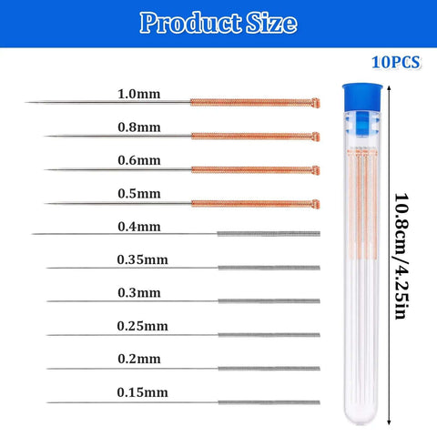 Diagram of Stainless Steel Nozzle Cleaning Needles Set, 10-Piece Clear Bottle, Includes 0.15mm To 1.0mm Tips For 3D Printers