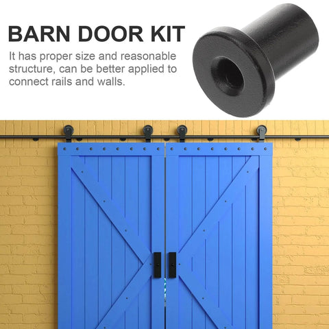 Five Piece Sliding Barn Door Spacers Kit With Track Connecting Hardware Corrosion Resistant High Carbon Steel Wall Mount Floor Guide For Smooth Sliding Replacement Set showing a single spacer and a blue barn door with tracking hardware installed