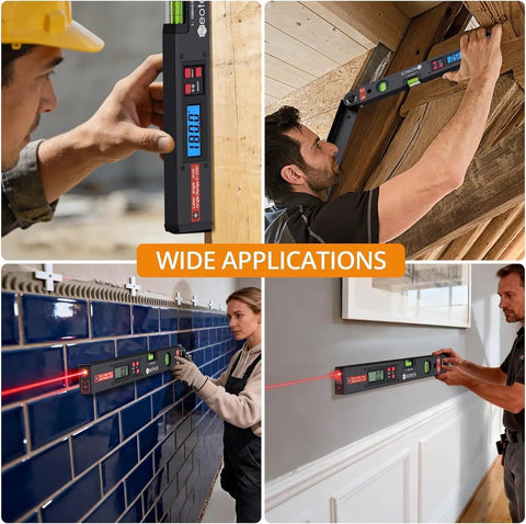 Aluminum Digital Angle Finder With Laser For Pro Grade Precise Marking And Layout 225 Degree Angle Ruler With Class 2 Laser Under One Milliwatt Visible Line Up To Three Meters For Walls Floors And Workpieces in use on wood, tile, and wall