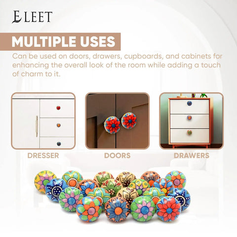 Multicolor Assorted Ceramic Cabinet Knobs Set Of 20 With Vintage Cupboard Drawer Pulls And Chrome Hardware displayed on furniture