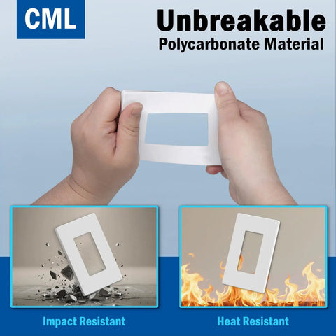 Matte White Screwless Wall Plates 8 Pack 1 Gang Outlet Covers And Switch Plates For A Sleek Clean Modern Look With Hidden Screws Scratch Resistant Polycarbonate Standard Size 2.91 By 4.68 Inches showing impact and heat resistance.