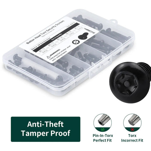 M5 Black Torx Security Screws With Bit Tamper Resistant Button Head 304 Stainless Steel Machine Fasteners For Outdoor Automotive Anti Theft Projects Locks Down Tight 60Piece Set in storage case.