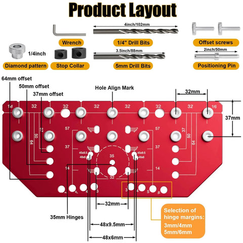 Diagram of the 2 In 1 Shelf Pin Jig And Hinge Jig Kit Pro Grade Aluminum Alloy Woodworking Template with drill bits and accessories