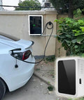 Rock Solid Wall Mount EV Charger Cable Organizer Box weatherproof steel holder attached to garage wall with EV plugged in.