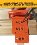 Ace Any Backyard Build With This Slick Deck Spacer And Fastener Alignment Guide, orange tool aligning screws on wood.
