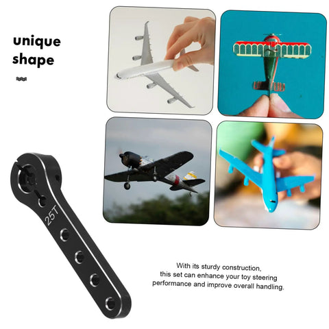 Metal Steering Arm Kit For RC Airplanes, Red Linkage Rod Upgrade shown alongside toy planes in various angles and colors.