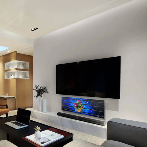 Dope Star Galaxy Slatwall Panel With Laminated Artwork 40 Inches Wide By 12 Inches Tall MDF Wall Display below TV in living room