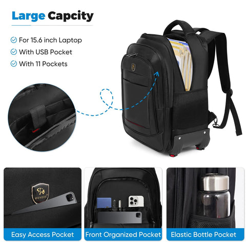 Black Amazon rolling backpack with four removable wheels, fits 15.6-inch laptop and has USB port