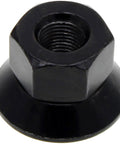 Close-up of a 9/16-18 flanged flat face lug nut for Ford models, black durable steel, 1-1/16 in hex, 1 in length, direct replacement.