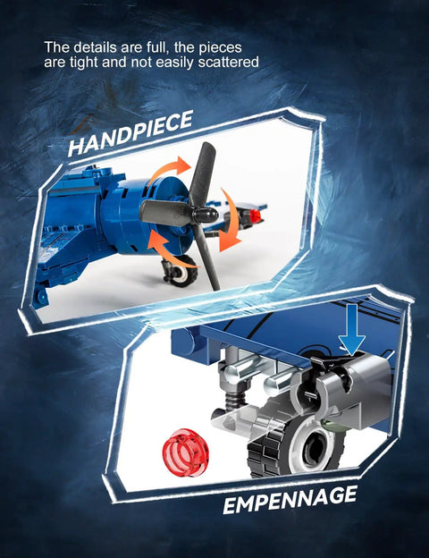 Close-up of F4U Corsair WW2 Fighter Jet Building Block Set With 440 Pieces showing handpiece and empennage details.